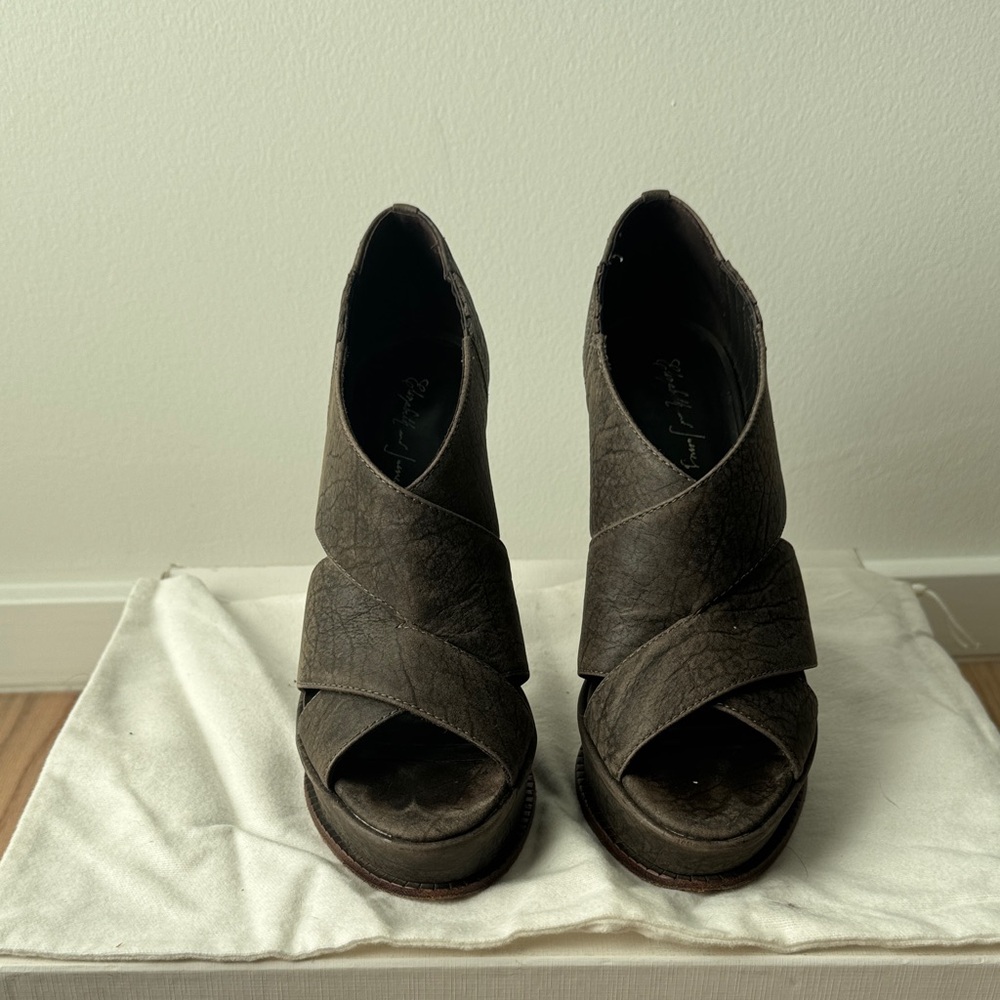 Elizabeth and James Brown Leather Platform Peep-Toe Ankle Boots